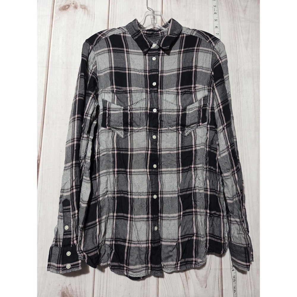Express Boyfriend Plaid Shirt Womens Medium Black White Pink Soft Flannel Top